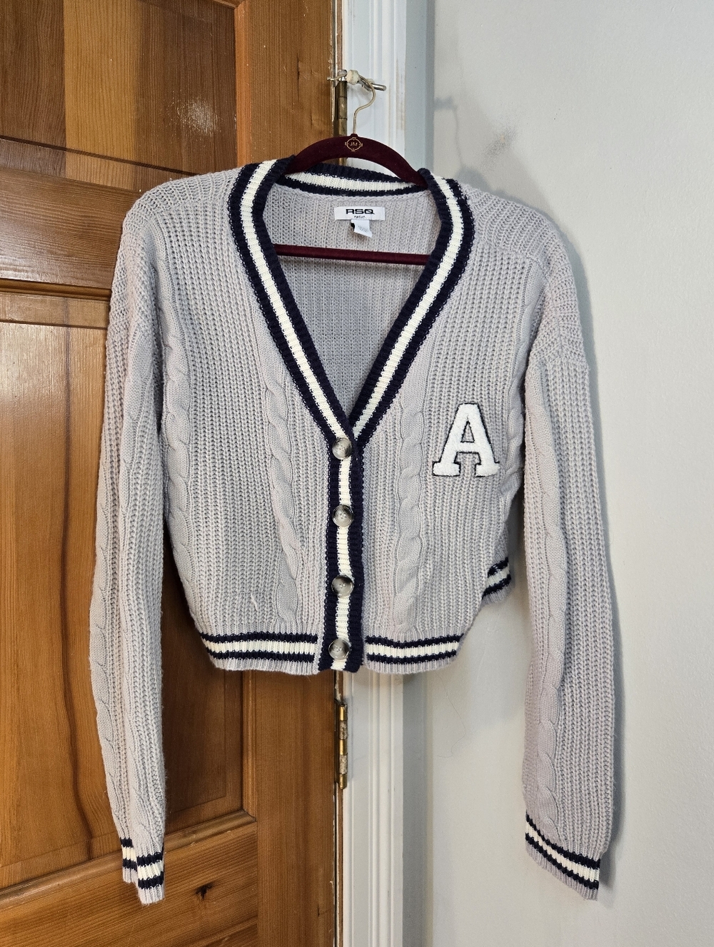 RSQ Cropped Knit Letterman Sweater in Light Gray with Navy Stripes